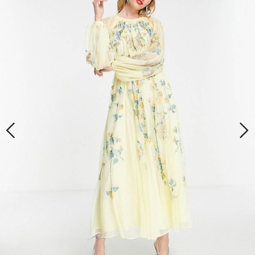 ASOS EDITION floral embroidered mesh midi dress with blouson sleeves in lemon